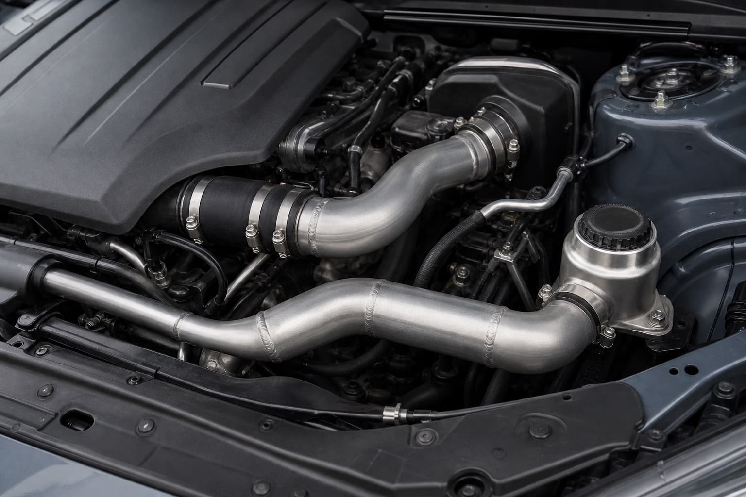 Formed metal air intake and fluid tubes installed in an automotive engine bay