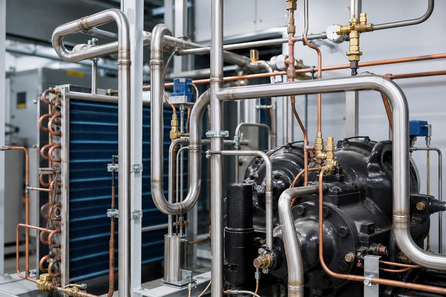 Industrial HVAC and refrigeration tubing connected to production equipment
