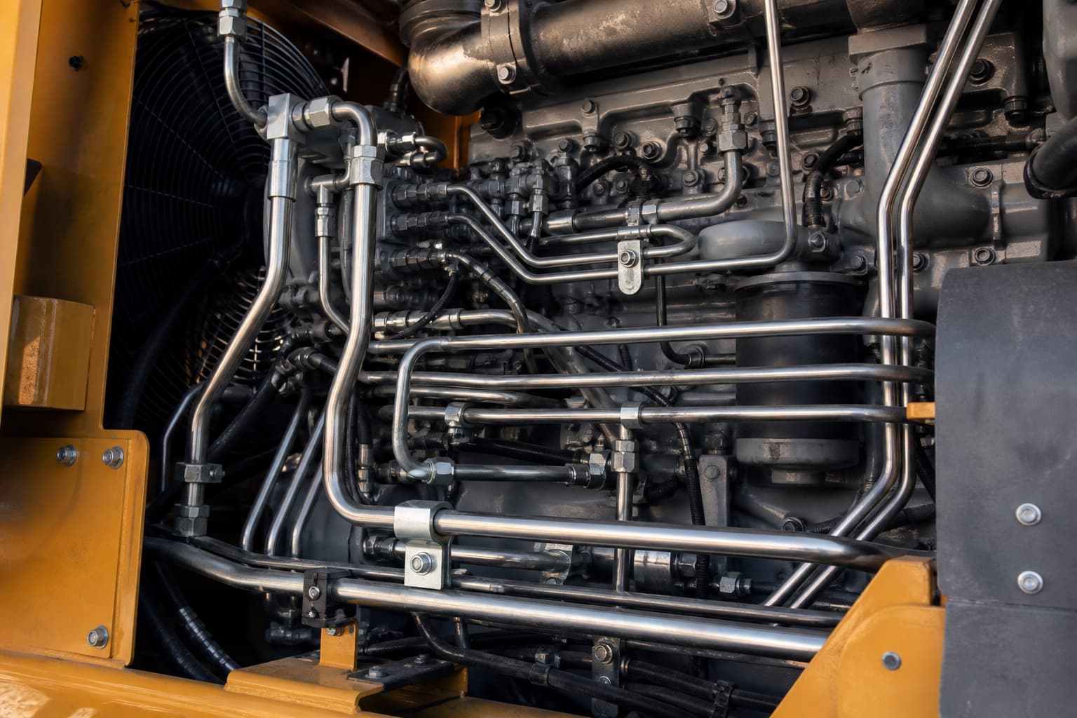 Tubular fluid lines installed in off-highway equipment